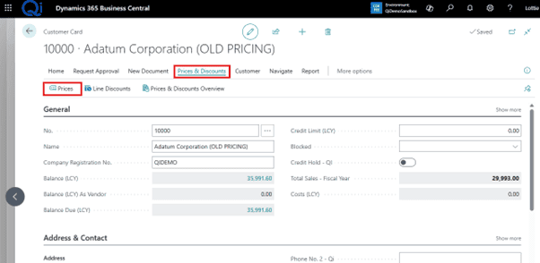 Screenshot of Business Central is showing how to find prices & discounts and prices