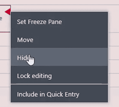 selecting Hide a field On Business Central