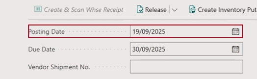 Posting date box In Business Central