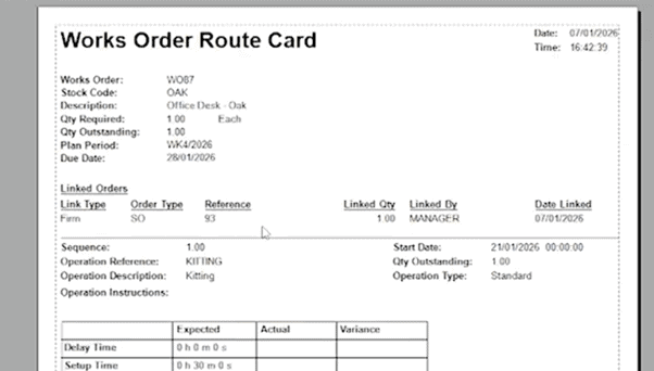 Works order route card in Cim50