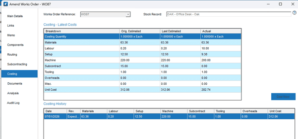costings table in Cim50